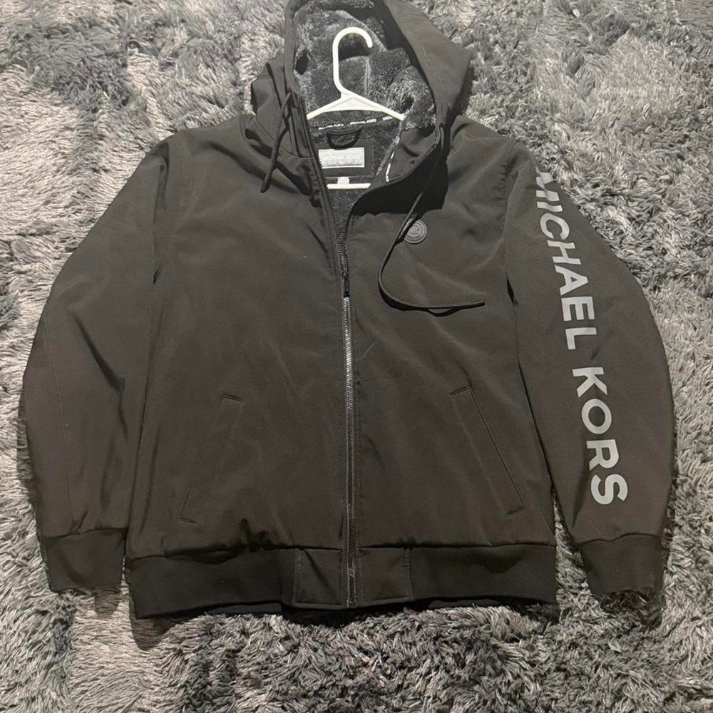 Michael Kors Mens Black Faux Fur Lined Zip Up Hoodie Jacket Grey Logo XL